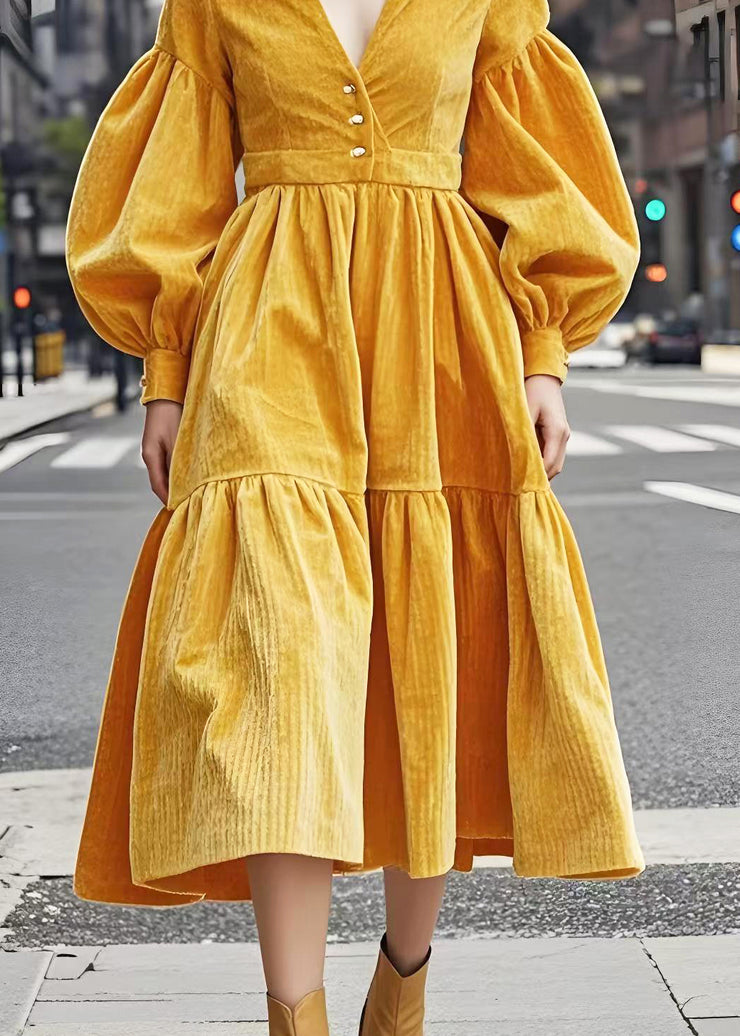 Elegant Yellow V Neck Exra Large Hem Corduroy Dresses Lantern Sleeve