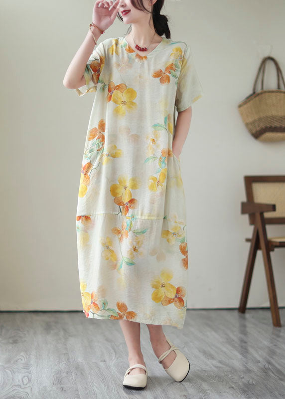 Elegant Yellow V Neck Print Patchwork Cotton Dress Summer