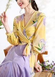 Elegant Yellow V Neck Wrinkled Print Patchwork Chiffon Top Spring