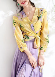 Elegant Yellow V Neck Wrinkled Print Patchwork Chiffon Top Spring