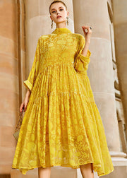 Elegant Yellow Wrinkled Bow Silk Velour Patchwork Long Dress Long Sleeve