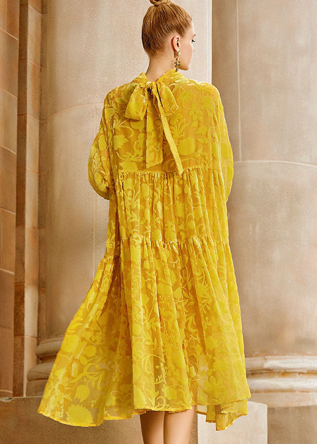 Elegant Yellow Wrinkled Bow Silk Velour Patchwork Long Dress Long Sleeve