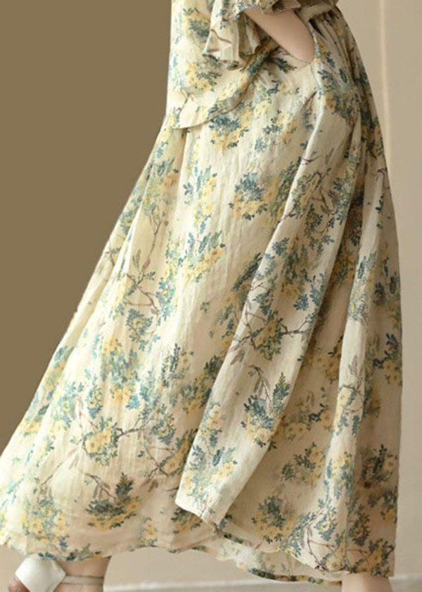 Elegant Yellow Wrinkled Pockets Print Patchwork Linen Skirt Summer