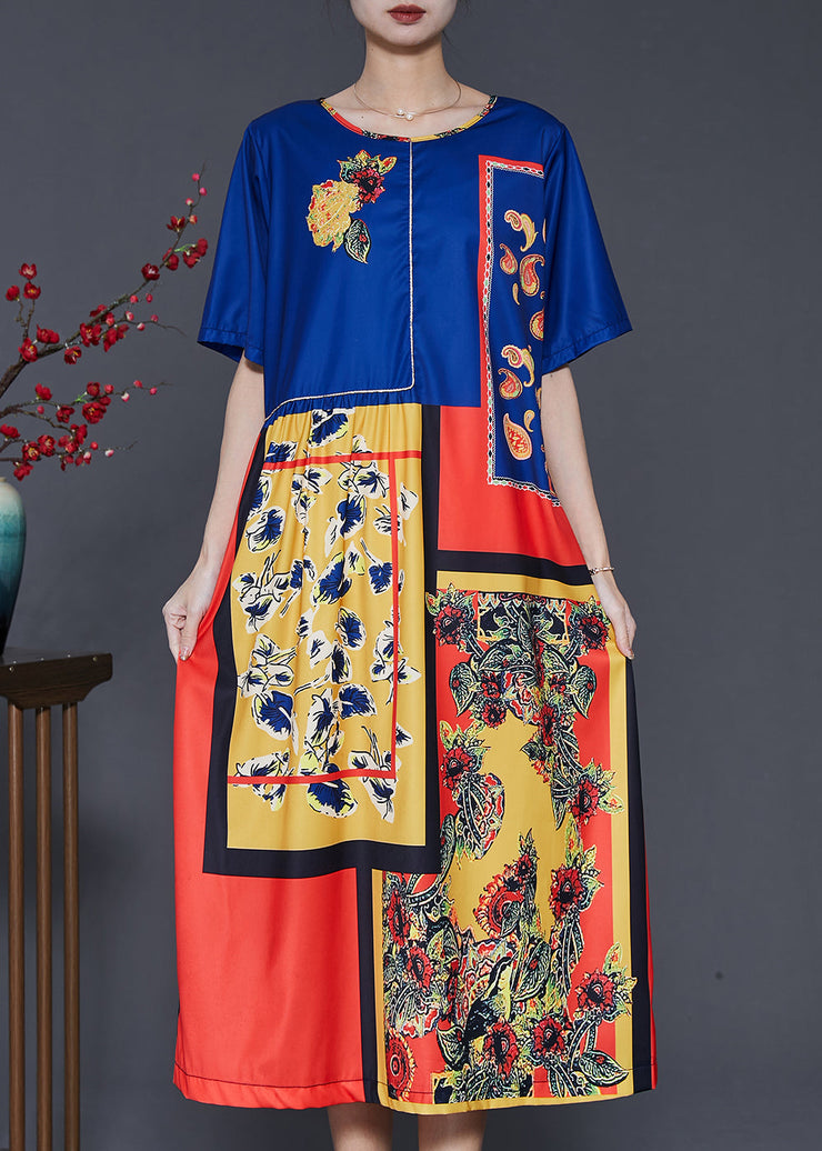 Ethnic Style Blue Oversized Print Silk Dresses Summer