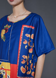 Ethnic Style Blue Oversized Print Silk Dresses Summer