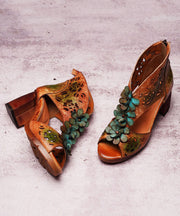 Ethnic Style Hollow Out Floral Chunky Heel Fish Mouth Sandals