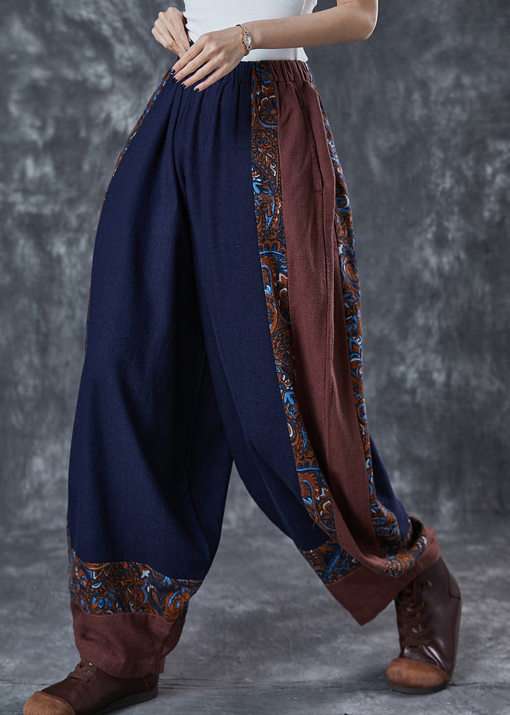 Ethnic Style Navy Oversized Patchwork Cotton Pants Summer