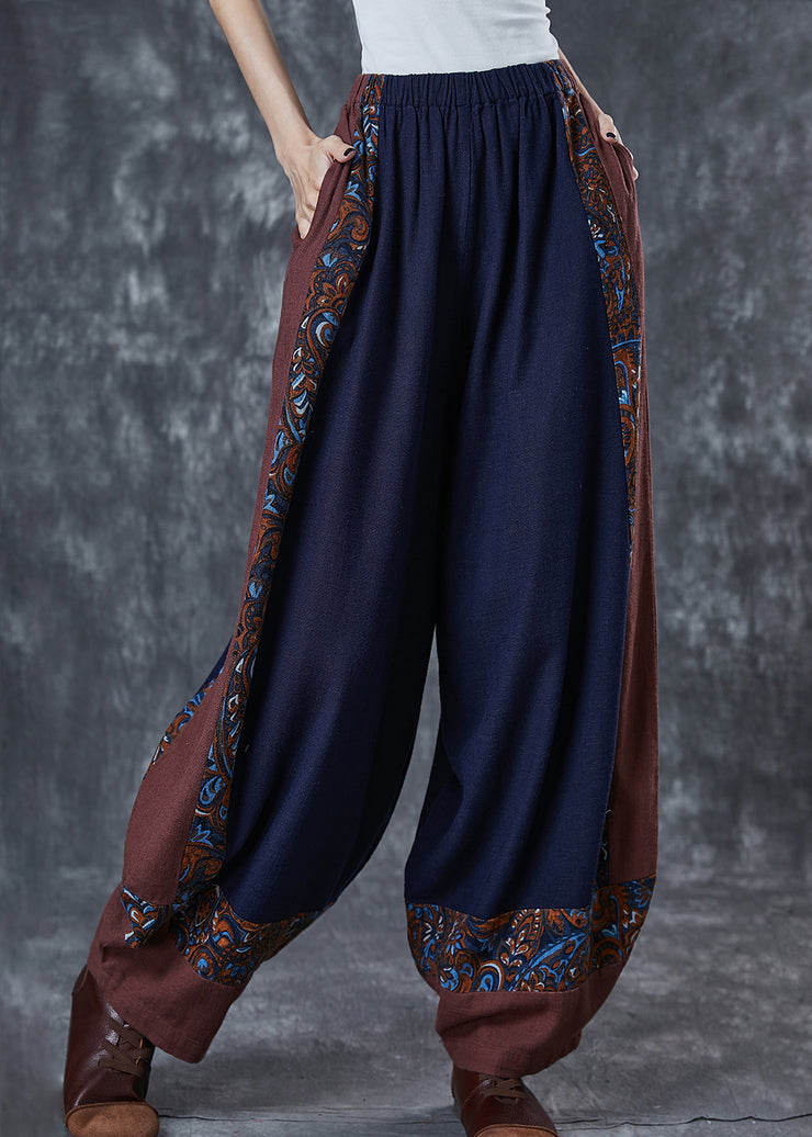 Ethnic Style Navy Oversized Patchwork Cotton Pants Summer