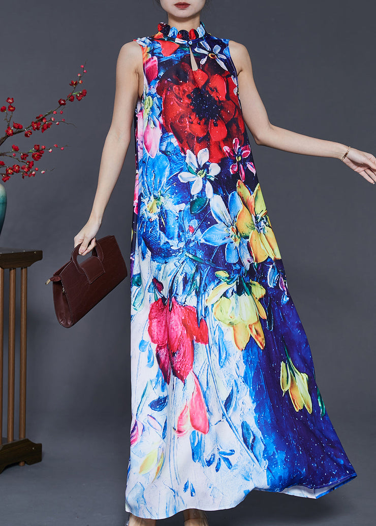 Ethnic Style Peacock Blue Mandarin Collar Print Cotton Dresses Sleeveless