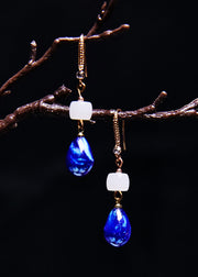 Ethnic Style Peacock Blue Water Droplet Gem Stone Drop Earrings