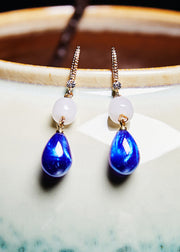 Ethnic Style Peacock Blue Water Droplet Gem Stone Drop Earrings