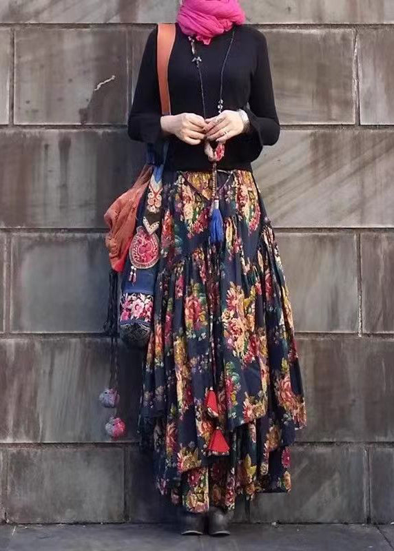 Ethnic Style Printed Cotton Large Hem Asymmetrical Skirt Spring