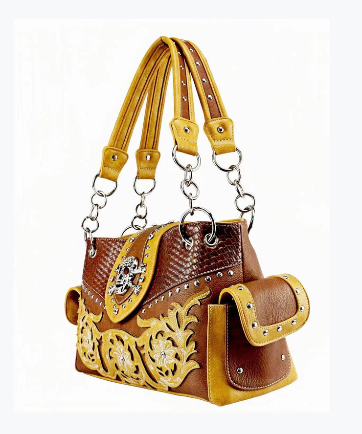 European And American Skulls Embroidery Rivet Satchel Bag Handbag