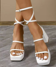 European And American White Chunky Heel Sandals Lace Up Peep Toe