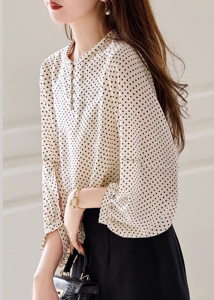 Fashion Apricot Dot Print Chiffon Top Long Sleeve