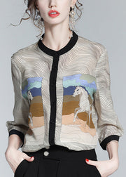 Fashion Apricot O-Neck Print Button Silk Shirt Long Sleeve