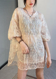 Fashion Apricot O-Neck Side Open Lace Shirt Half Sleeve