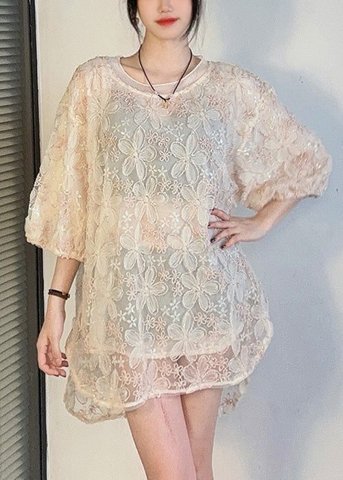 Fashion Apricot O-Neck Side Open Lace Shirt Half Sleeve