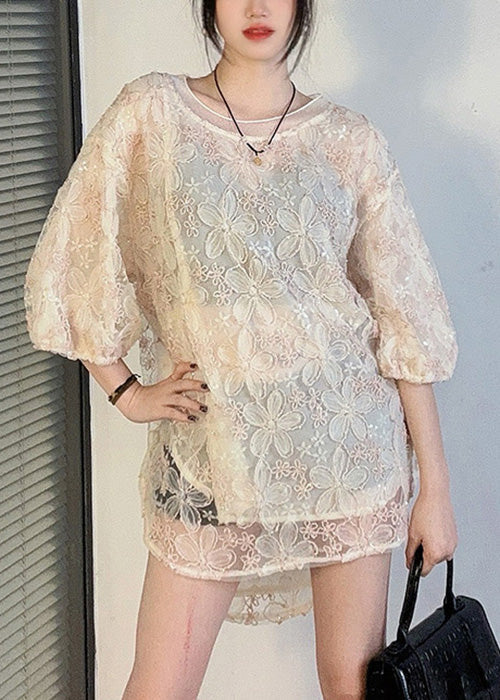 Fashion Apricot O-Neck Side Open Lace Shirt Half Sleeve