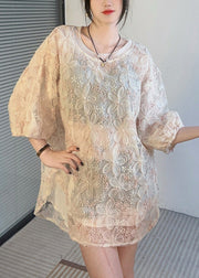 Fashion Apricot O-Neck Side Open Lace Shirt Half Sleeve