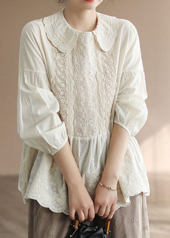 Fashion Apricot Peter Pan Collar Embroideried Cotton Shirt Tops Spring