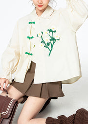 Fashion Apricot Peter Pan Collar Floral Cotton Shirt Long Sleeve