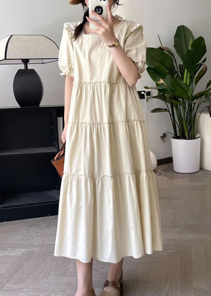 Fashion Apricot Square Collar Long Dress Short Sleeve