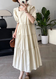 Fashion Apricot Square Collar Long Dress Short Sleeve