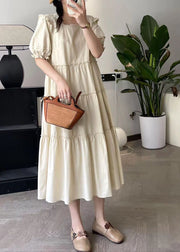 Fashion Apricot Square Collar Long Dress Short Sleeve