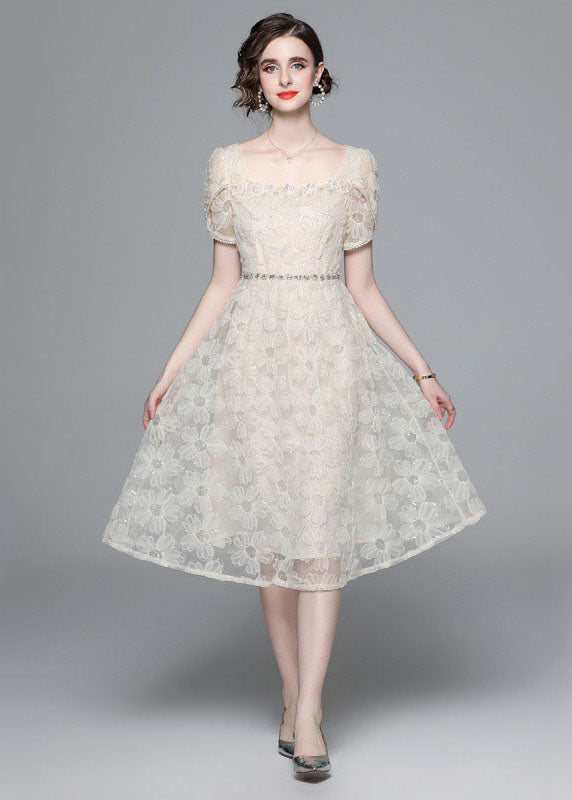 Fashion Apricot Square Collar Zircon Embroideried Tulle Dresses Summer