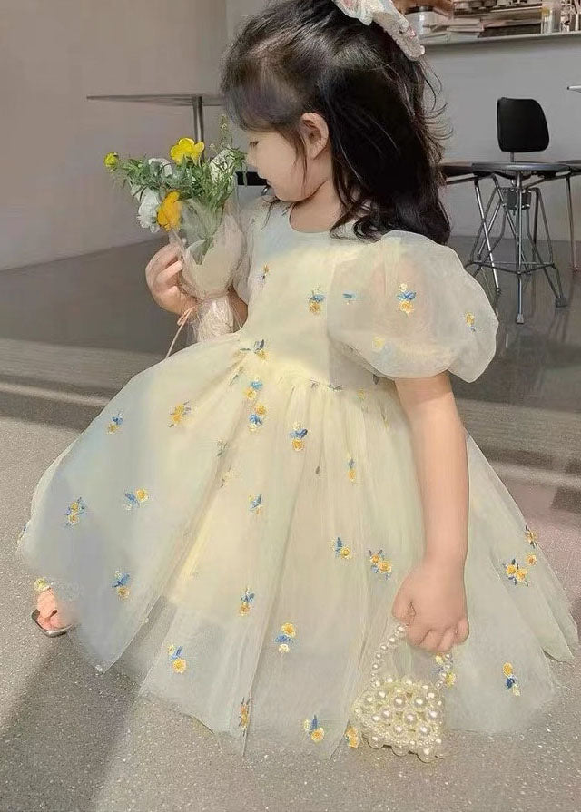 Fashion Beige Embroideried Wrinkled Patchwork Tulle Kids Girls Dress Summer