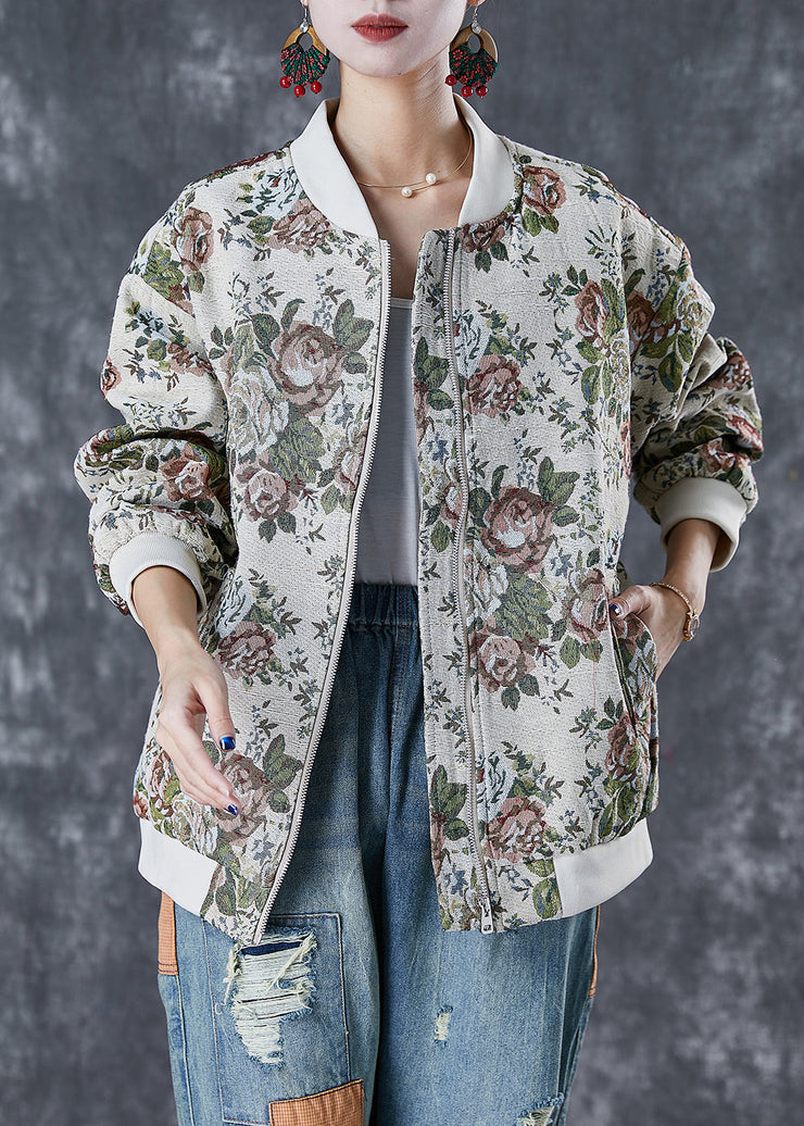 Fashion Beige Oversized Print Cotton Jackets Fall