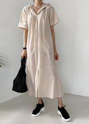 Fashion Beige Patchwork Button Hoded Long Shirt Dress Short Sleeve