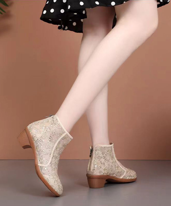 Fashion Beige Splicing Zipper Chunky Ankle Boots