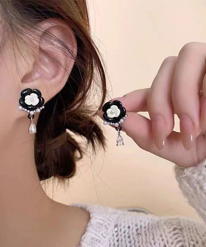 Fashion Black Alloy Pearl Crystal Floral Tassel Drop Earrings