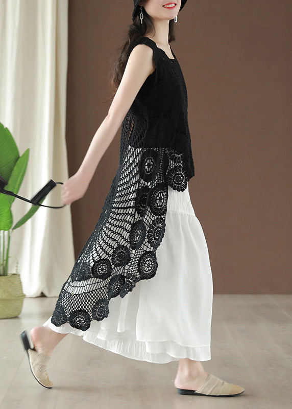 Fashion Black Asymmetrical Hollow Out Low High Design Cotton Top Summer