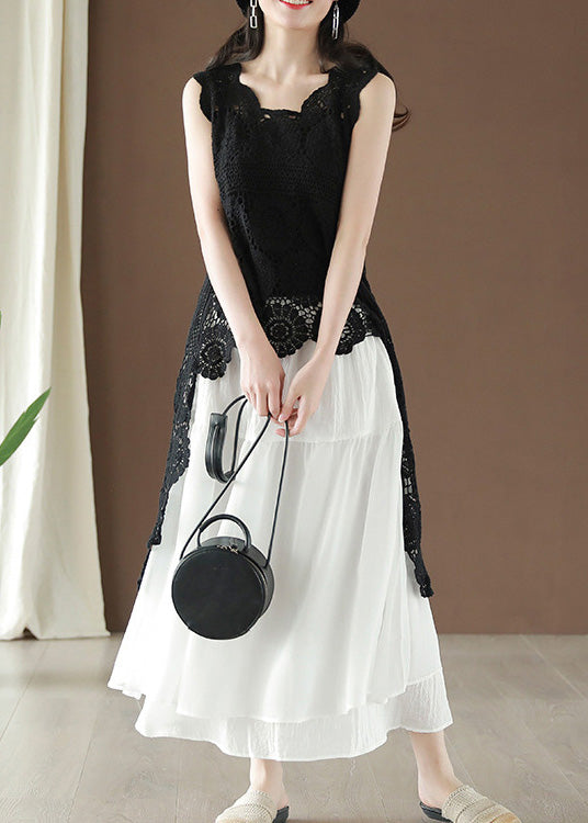 Fashion Black Asymmetrical Hollow Out Low High Design Cotton Top Summer