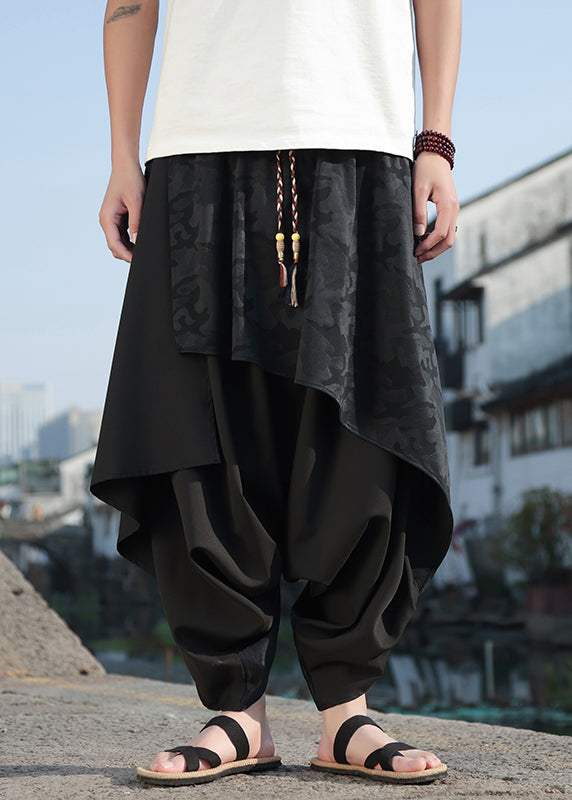 Fashion Black Asymmetrical Jacquard Patchwork Ice Silk Men Harem Pants Summer