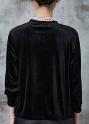 Fashion Black Asymmetrical Silm Fit Silk Velour Shirts Spring