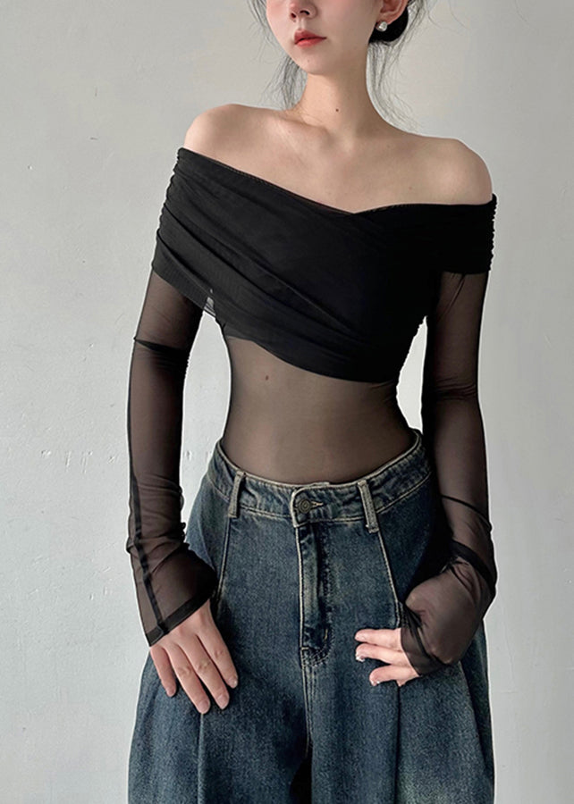 Fashion Black Cold Shoulder Sexy Tulle Blouse Tops Fall