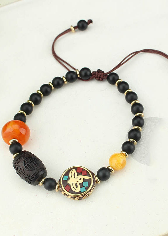 Fashion Black Coloured Glaze Pearl Beeswax Sandalwood Clover Charm Bracelet