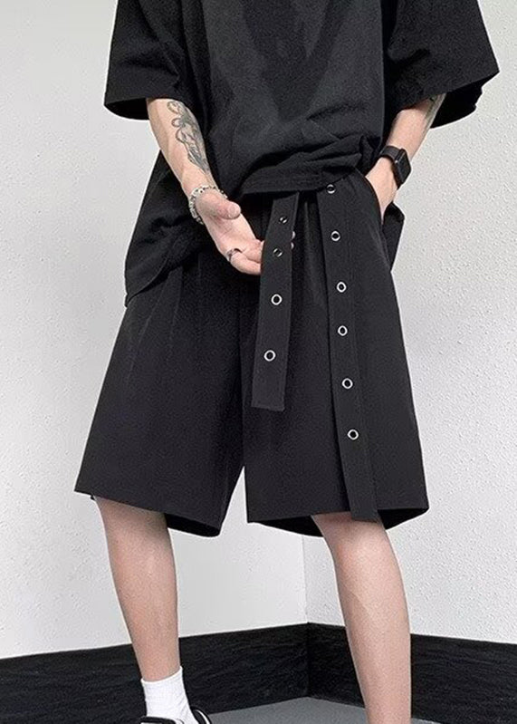 Fashion Black Drawstring Elastic Waist Ice Silk Men Pants Summer