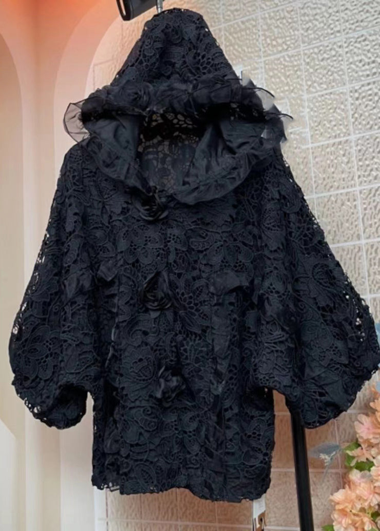 Fashion Black Embroidered Lace Hooded Coats Fall