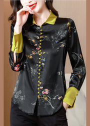 Fashion Black Gold Patchwork Peter Pan Collar Print Silk Shirts Long Sleeve