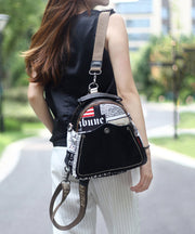 Fashion Black Graphic Cotton Patchwork Calf Leather Satchel Bag Handbag