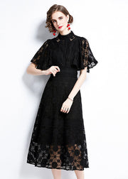 Fashion Black Hollow Out Patchwork Lace Dress Butterfly Sleeve