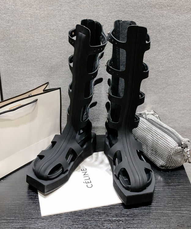 Fashion Black Hollow Out Rivet Zippered Splicing Platform Boots