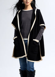 Fashion Black Hooded Pockets Knit Loose Cardigan Fall