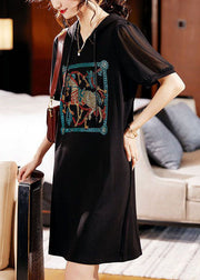 Fashion Black Hooded Zircon Patchwork Cotton Dress Summer