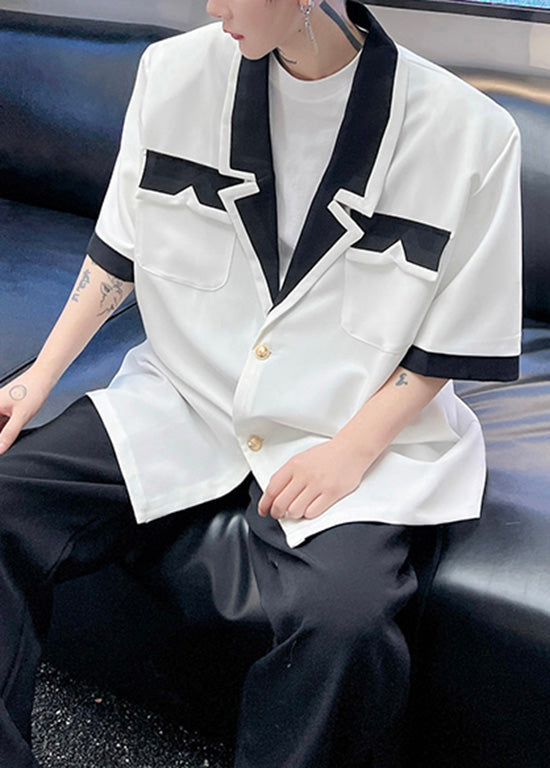 Fashion Black Notched Button Patchwork Cotton Men&